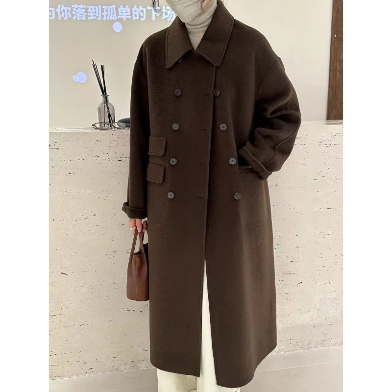 爱丽家新款双面呢大衣时尚多口袋设计款毛呢外套232D6163