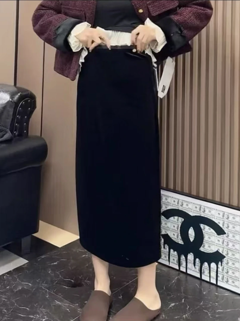 百搭丝绒后开叉半身裙389#