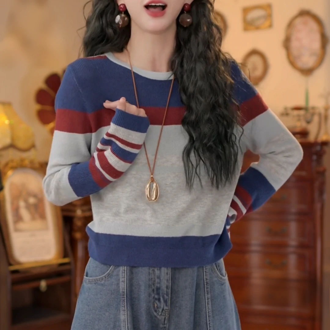 【海天霞影】秋新款港风复古条纹毛针织衫女显瘦百搭上衣LK2505538