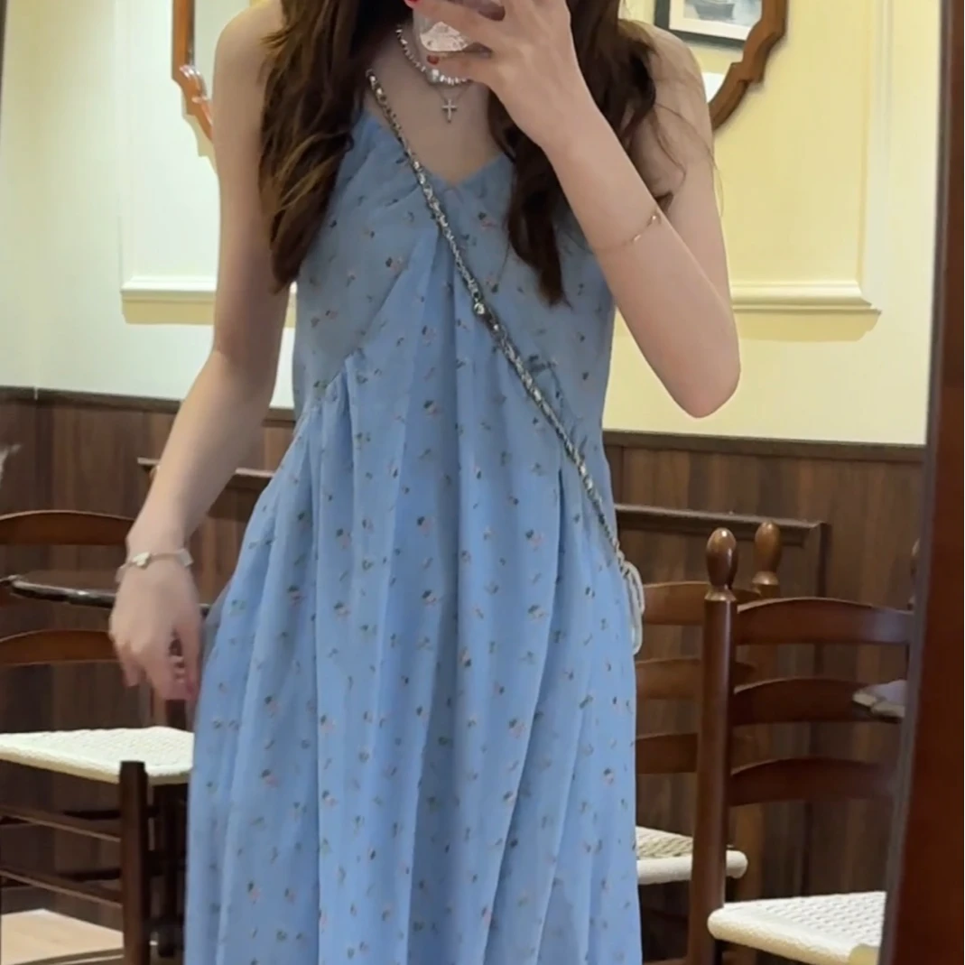小清新少女甜美温柔蓝色海棠碎影收腰显瘦碎花裙