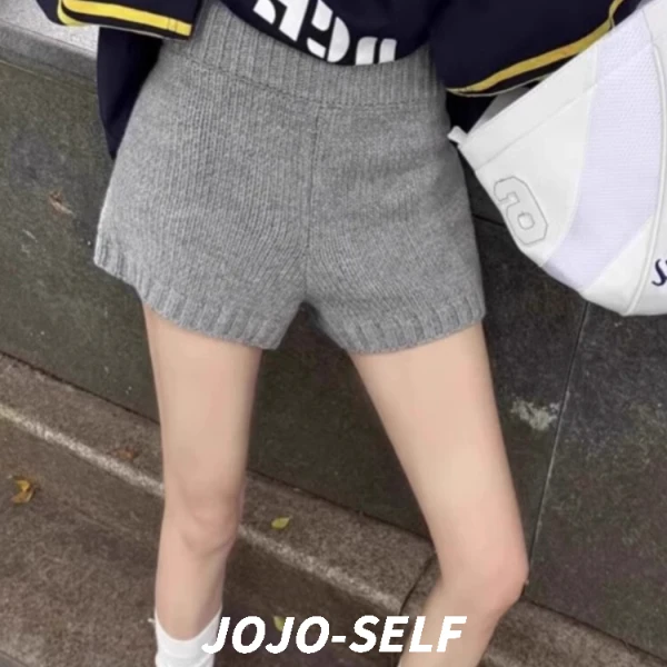 CHICYAN新款韩版时尚百搭高腰显瘦直筒裤女休闲针织短裤秋冬热裤