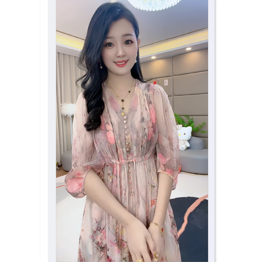 《暖暖推荐》“破茧成蝶”气质显瘦时尚印花桑蚕丝连衣裙 80193
