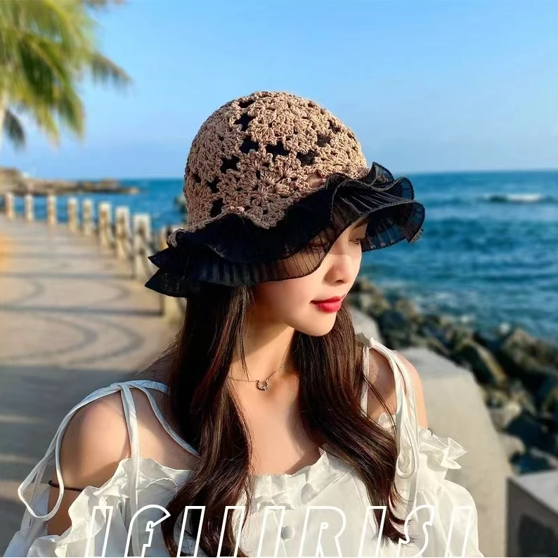 夏季手工编织清新荷叶边蕾丝镂空渔夫帽子沙滩遮阳帽防晒花边帽潮