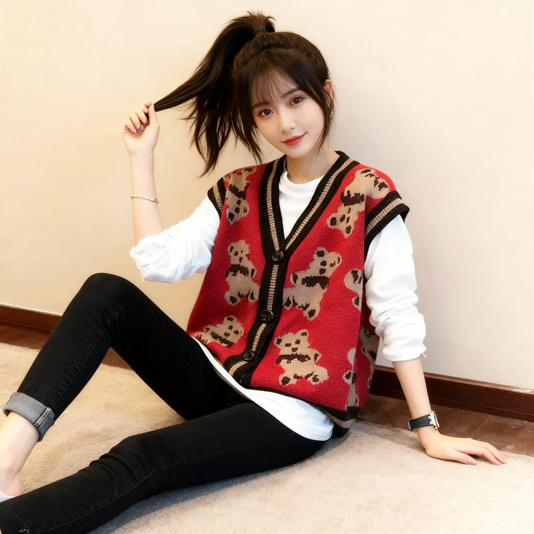 文艺复古时髦秋冬新款宽松v领小熊马甲+白色简约T恤衫休闲两件套