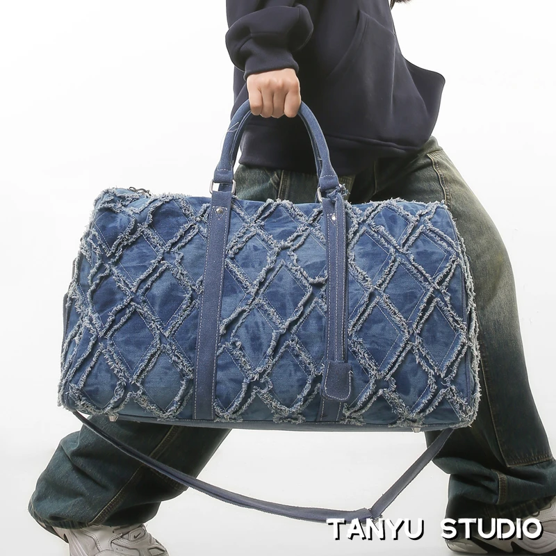 探屿旅行包行李袋男女新款大容量短途包水洗牛仔布斜挎手提健身包