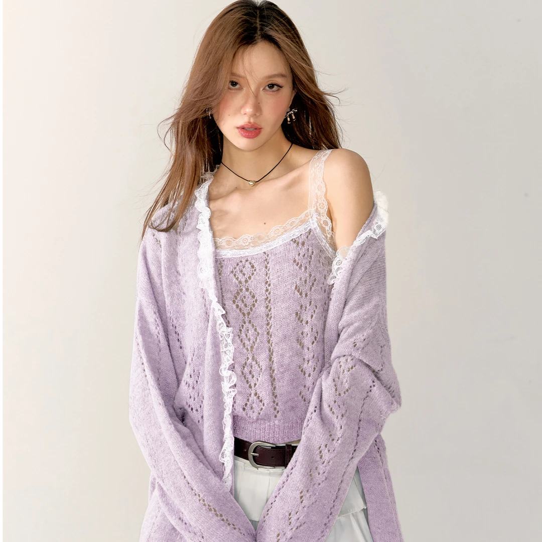 【清仓】AsGony蕾丝花边提花镂空针织外套拼接提花镂空针织吊带背心
