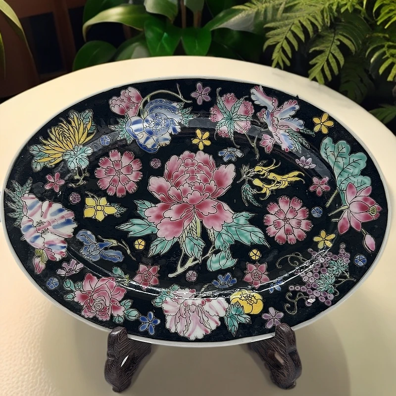 25cm黑底万花赏盘景德镇高温手绘陶瓷