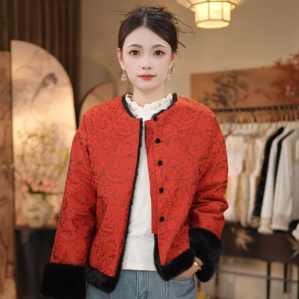 【惊红一瞥-双面外套】新款秋冬加厚气质织花圆领外套8076