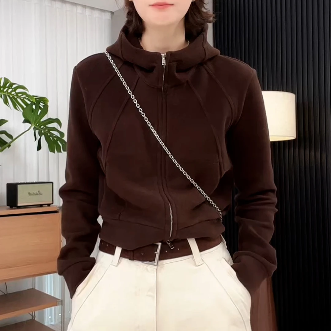 设计感时尚双拉链连帽卫衣女2025秋冬新款韩版休闲百搭开衫外套潮