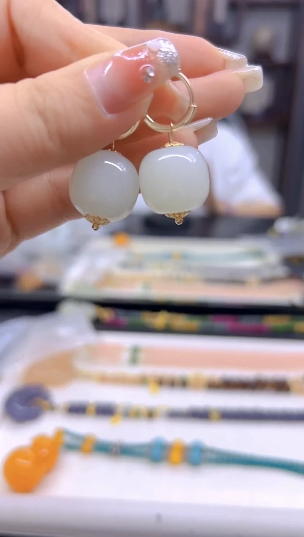 和田玉14K金镶嵌耳饰DIY款E408