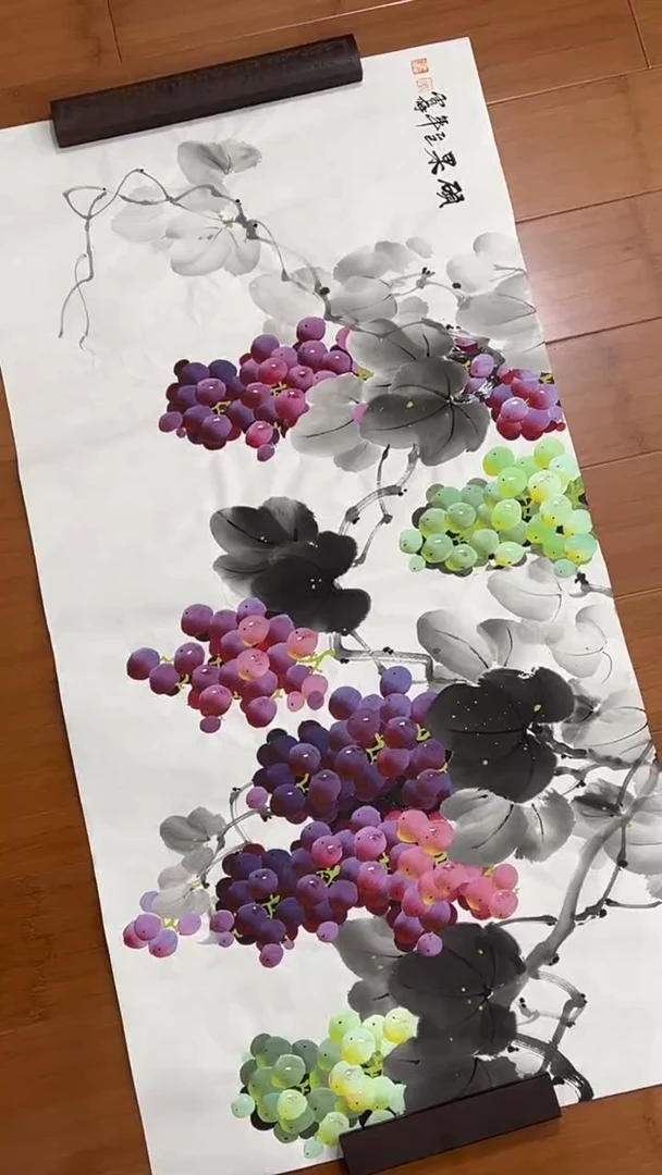 国画【福利，纯手工手绘】李雪梅葡萄横幅98*50厘米