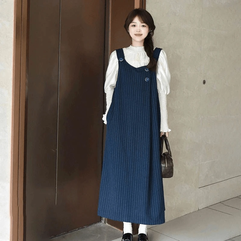 甜美清新学院风藏青毛呢背心连衣裙女学生蕾丝花边衬衫两件套