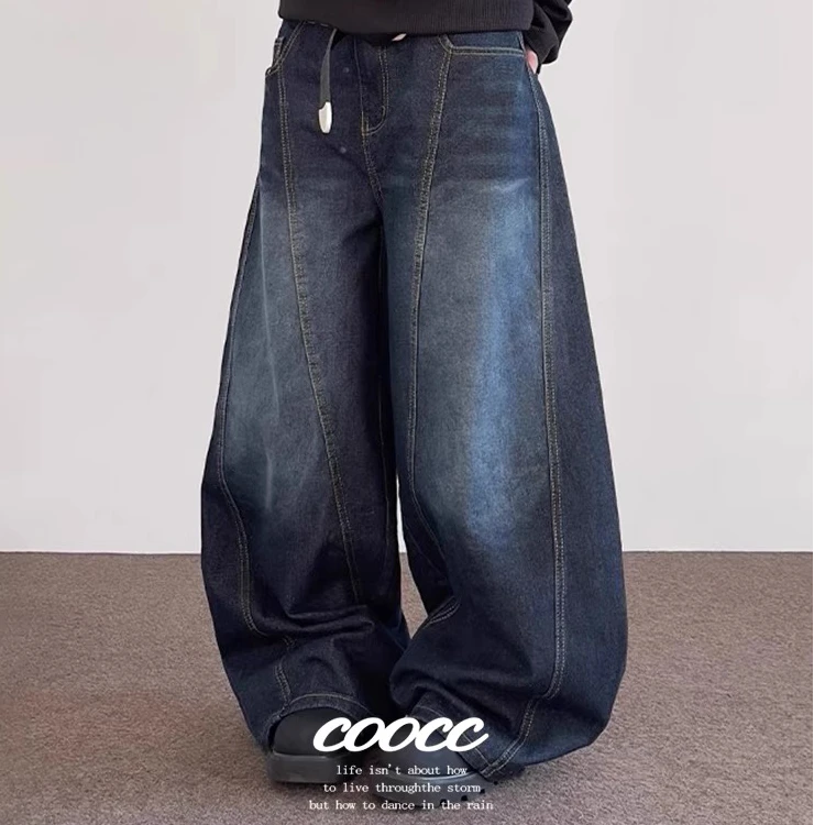 新款美式复古设计感弯刀裤松弛感拖地牛仔裤