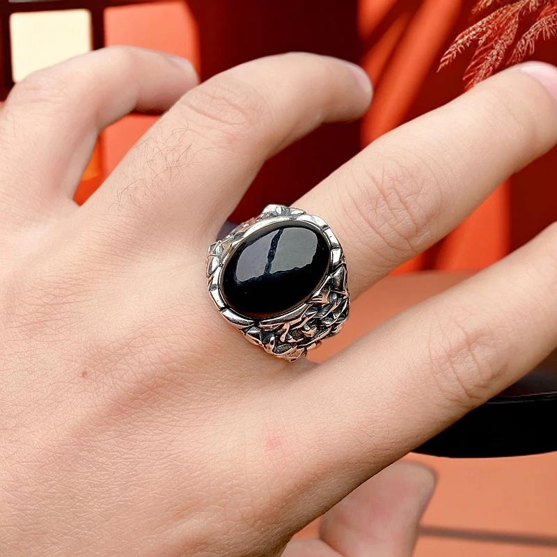 和田玉S925银镶嵌男士气质复古时尚个性银色重工银戒古风小众