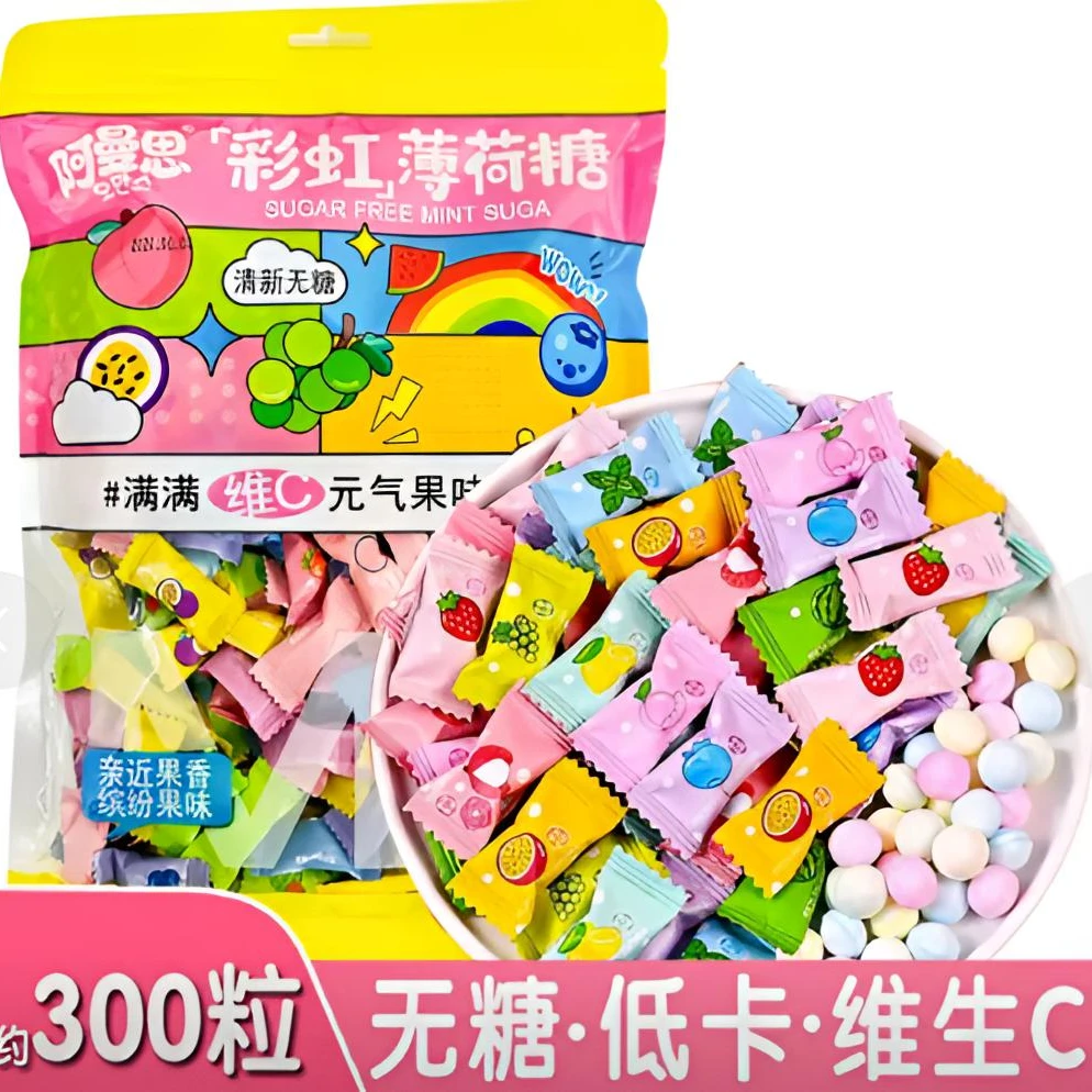 阿曼思多口味彩虹薄荷糖清新口气糖果维C无糖水果味300g超大包装