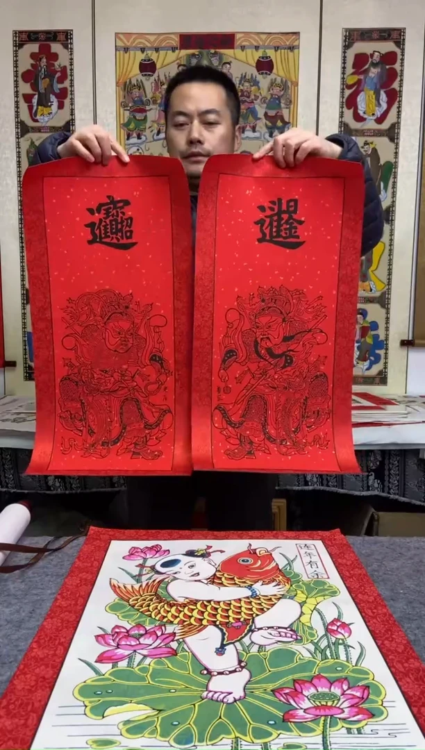 龙虎门神精裱一对手工制作精品