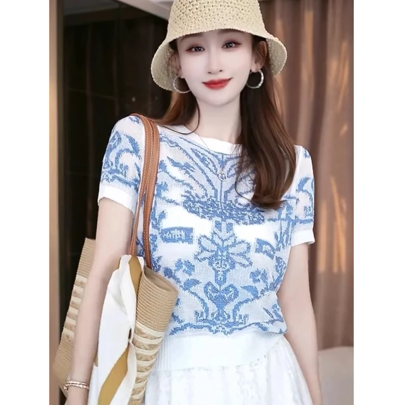 夏季复古重工蓝色提花刺绣短袖针织T恤女气质显白显瘦短款上衣