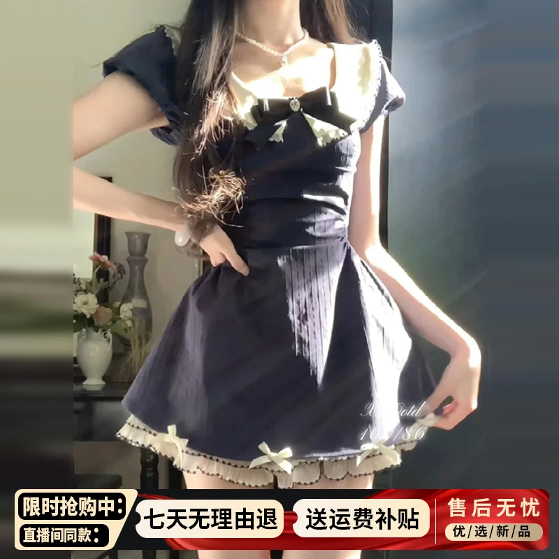 蝴蝶结学院风蓝色连衣裙子女夏季2025新款小个子收腰a字蓬蓬短裙