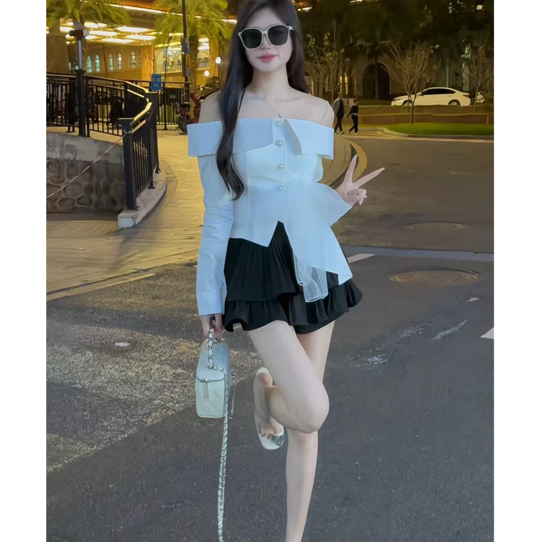 春季新款御姐露肩网纱飘带吊带衬衫气质百褶蛋糕裙蓬蓬裙显瘦