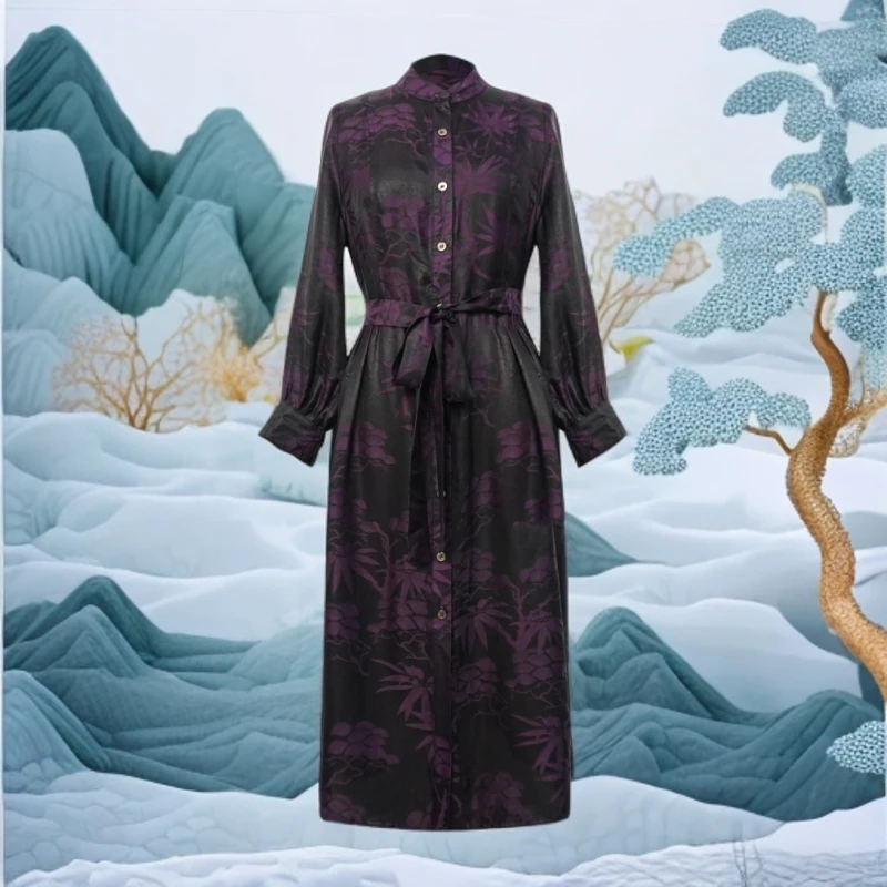 七七 2025新款紫色竹叶松树图双面穿优雅显瘦中长款连衣裙 SY595