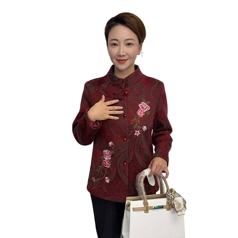 老年人外套春秋款女小个子奶奶衣服老太太唐装绣花夹克花鸟复古