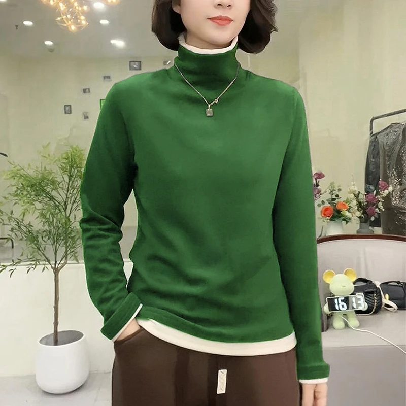 德绒拼色显瘦假两件上衣设计感修身百搭打底衫女2025春秋气质时尚