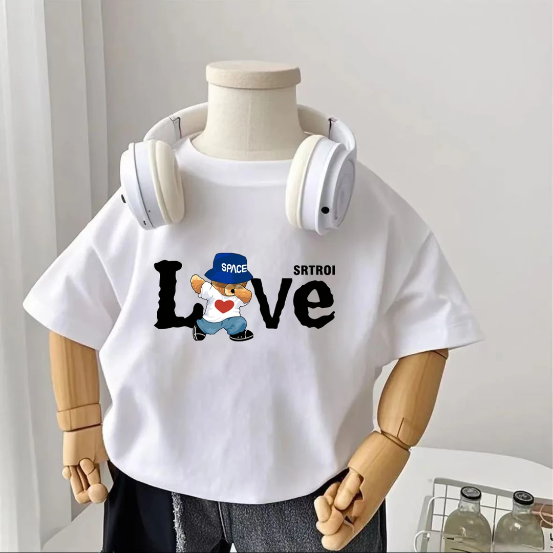 LVE SPACE熊 洋气趣味T恤亲子圆领宽松纯棉短袖男童女童夏季款