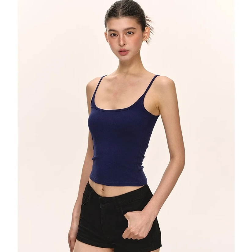 anna aneae藏蓝色小吊带背心带胸垫女夏外穿辣妹修身短款无袖上衣