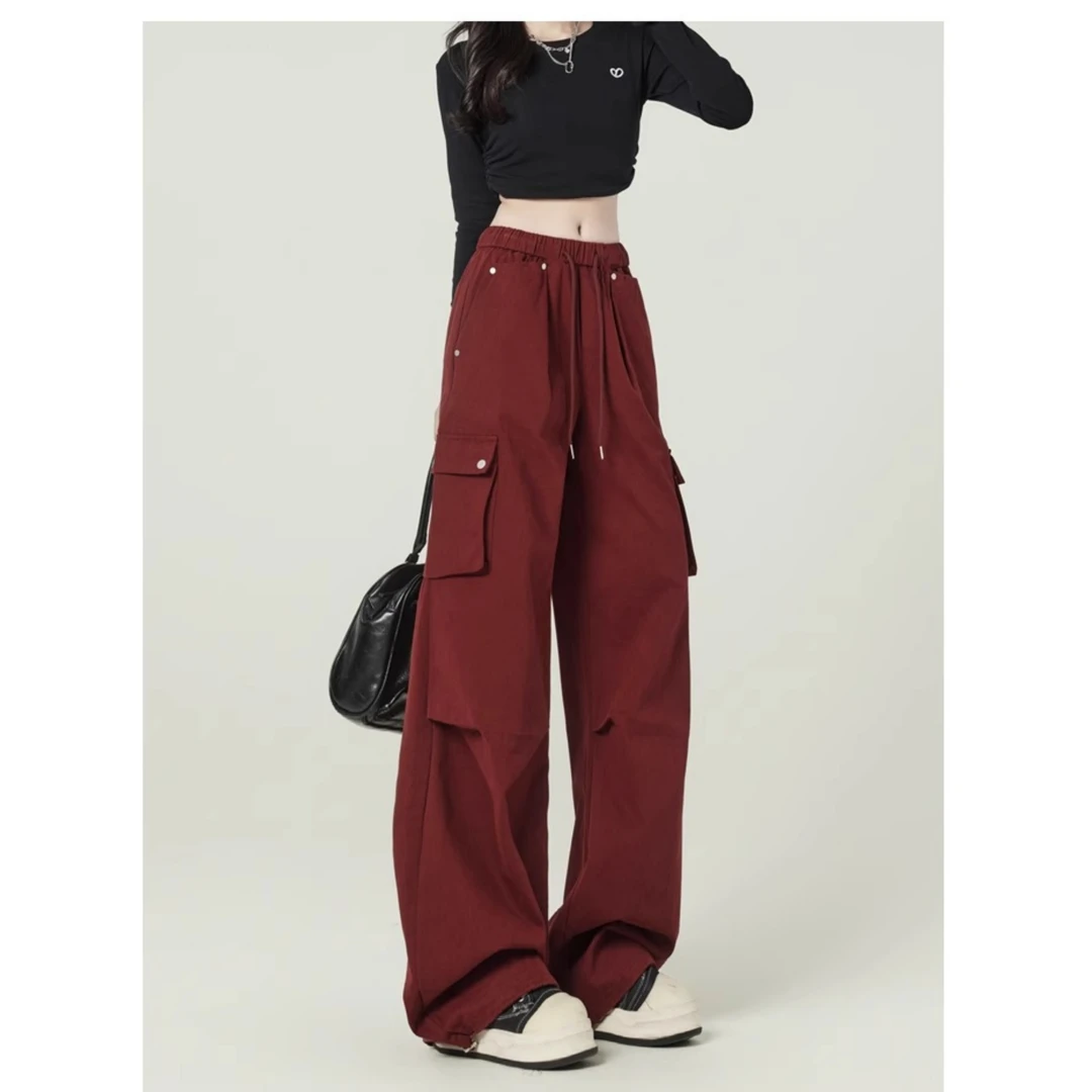 复古安可拉红阔腿休闲裤女美式高腰宽松户外运动抽绳束脚工装裤