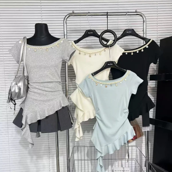 2025夏季新款欧若风五角星贝壳设计感不规则下摆荷叶边短袖T恤女