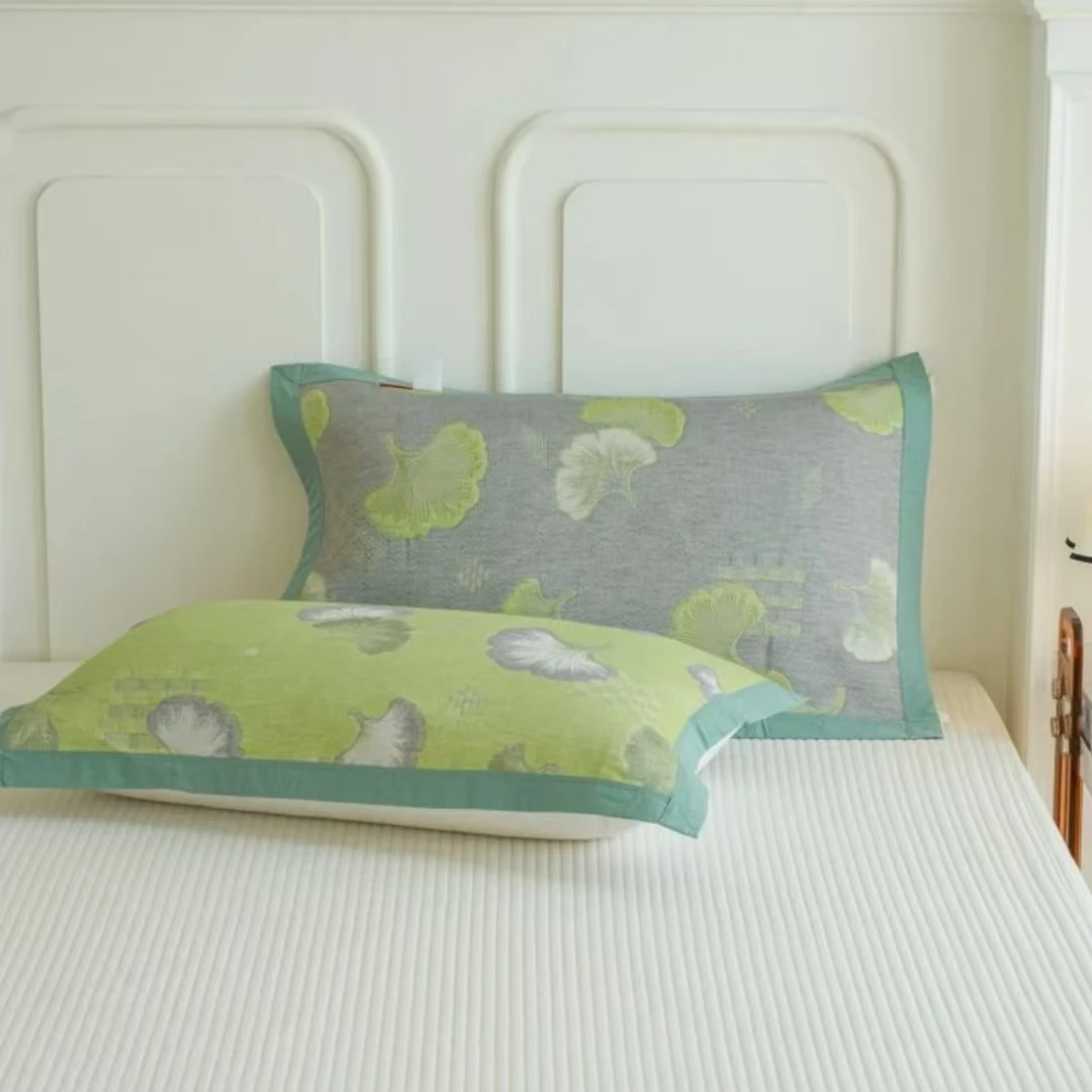 【绿色银杏叶枕巾一对两只】 多功能轻奢纱布枕巾---50*80