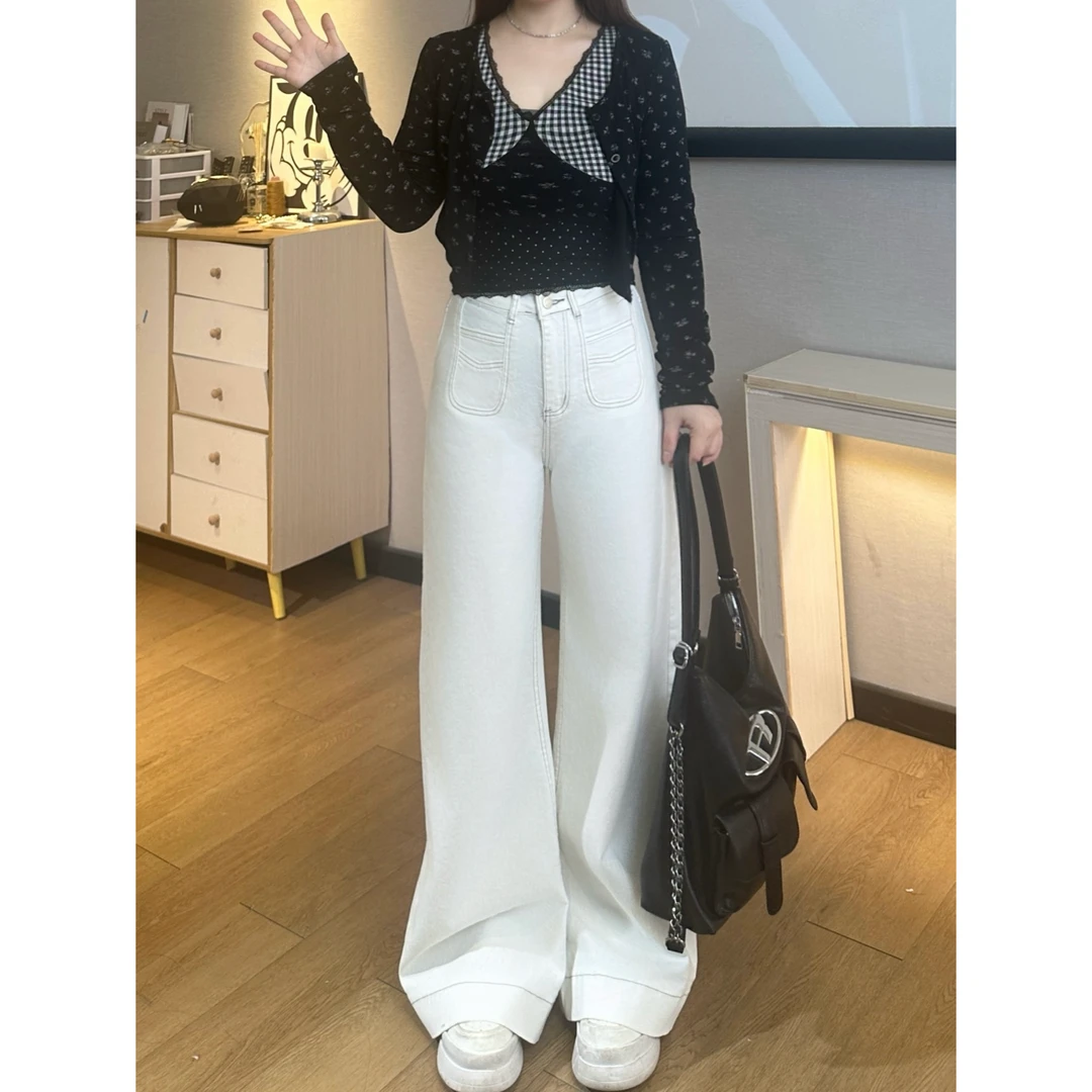 《莎莎定制》白色喇叭牛仔裤女春新款高腰显瘦宽松垂感不贴腿拖地裤
