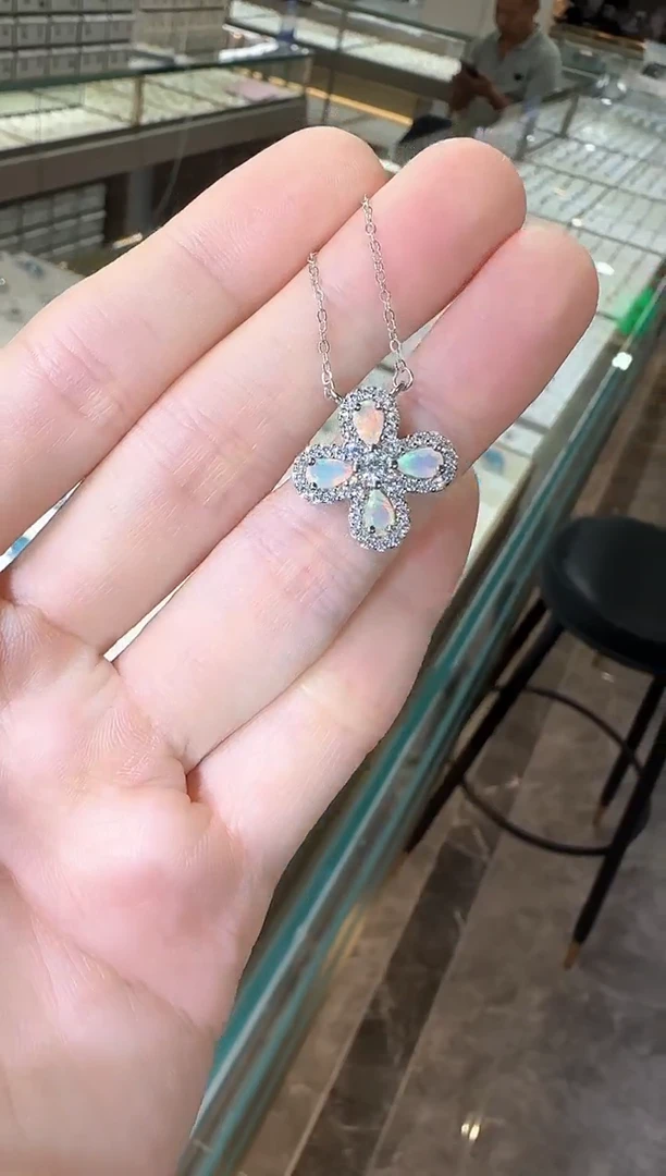 银S925镶嵌欧泊珠宝奇石四叶花套链