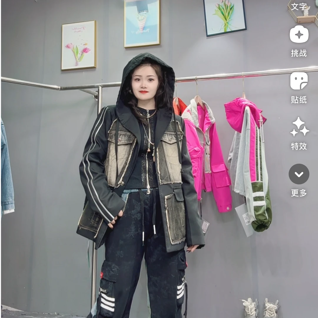 LY家33909#7+秋季西装牛仔拼接连帽宽松外套