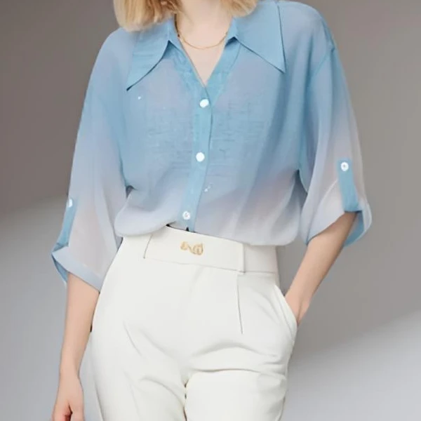 法式设计感气质渐变色衬衫女2025春夏新款显瘦上衣洋气时尚夏季