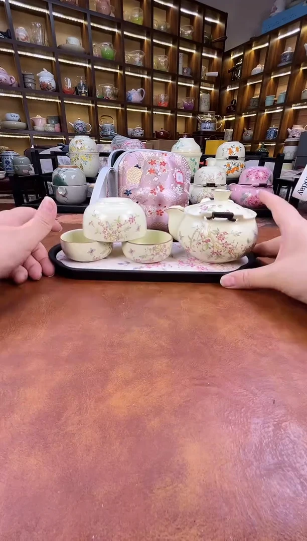 瓷片桃花3杯宝瓶旅行+长方桃花盘