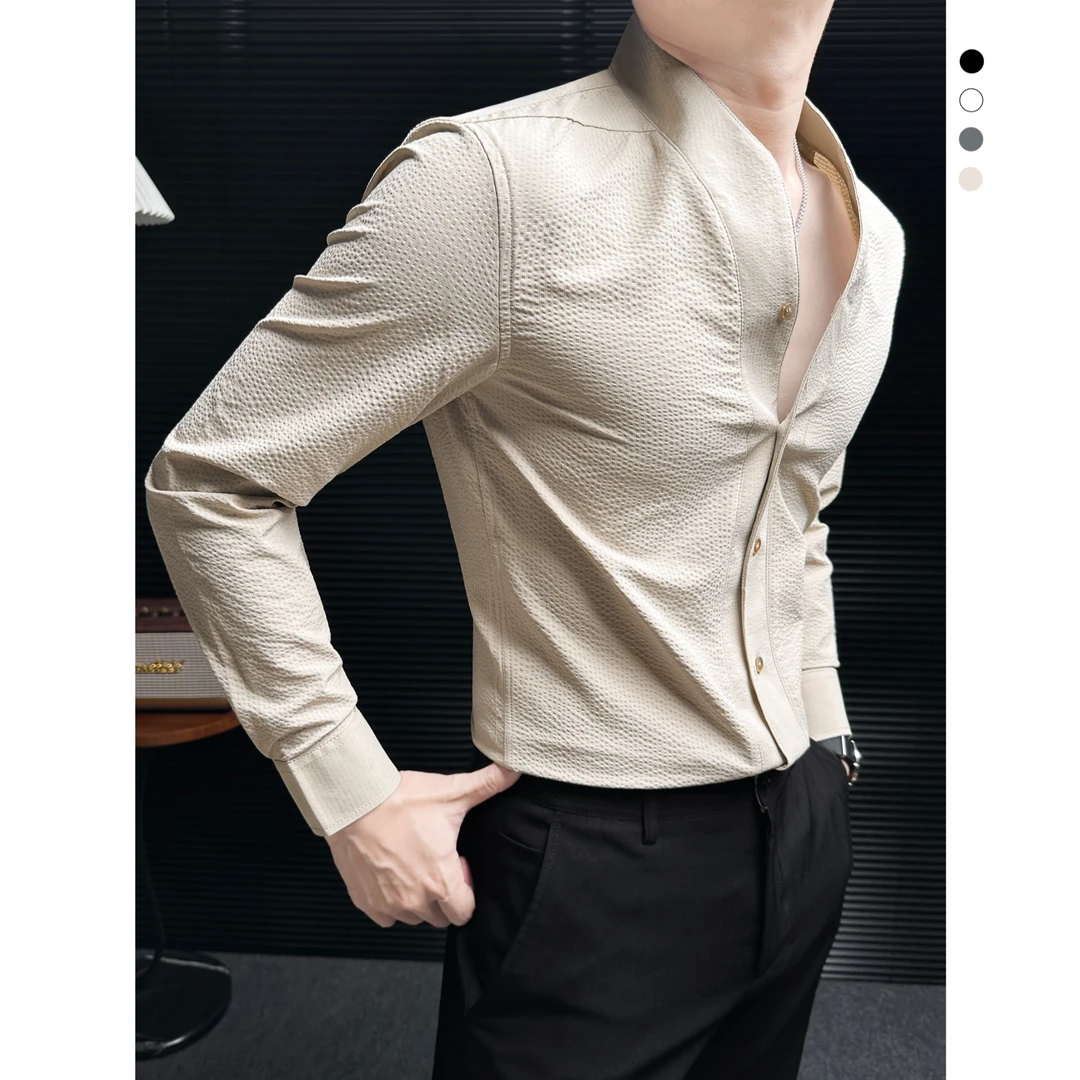 V领泡泡纱衬衫男款长袖秋季新款高级感男装英伦痞帅立领男士衬衣