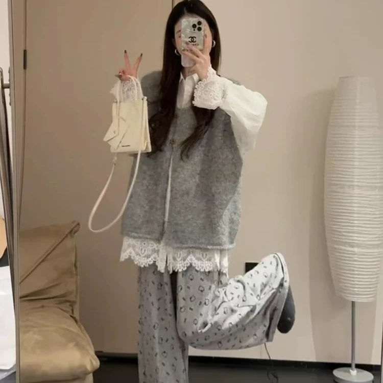 韩版慵懒马甲蕾丝边衬衫小猫阔腿裤整套可爱穿搭
