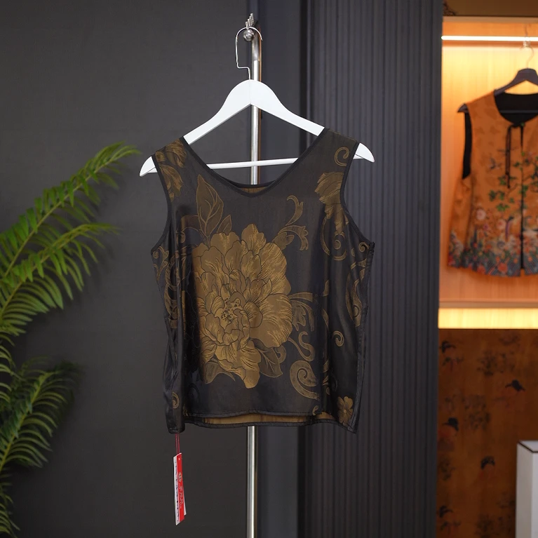 【青柳朱红】双面穿新中式国风香云纱背心设计款中年妈妈装0717