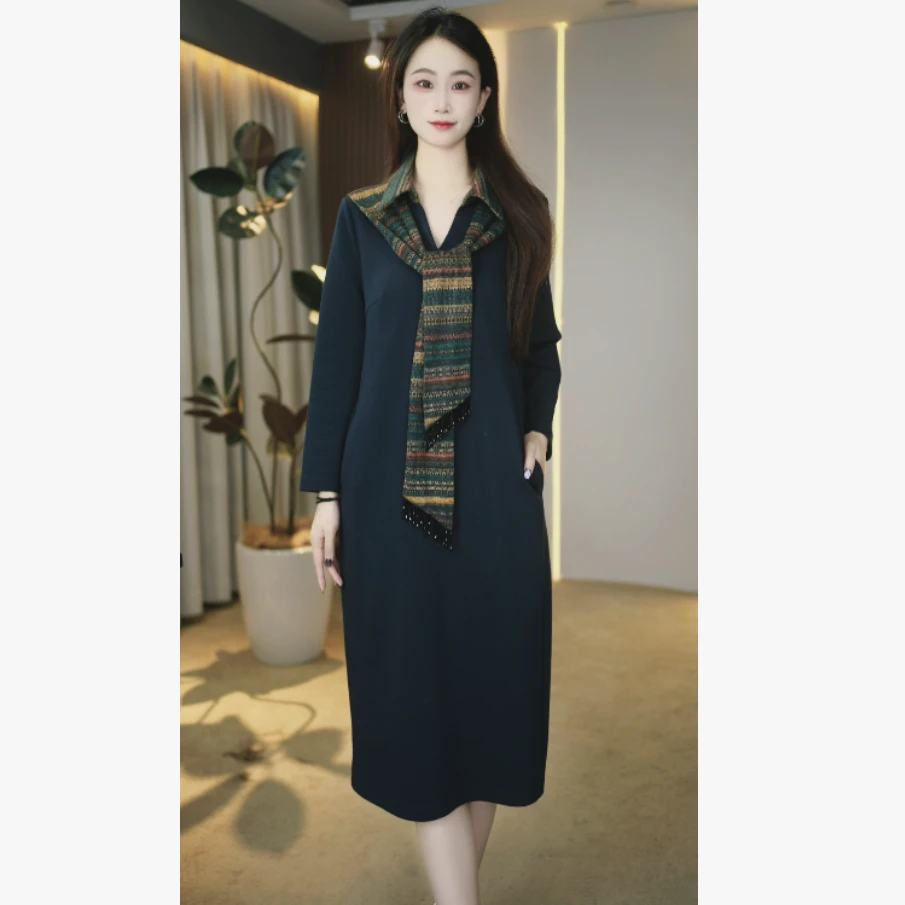 【云栖定制】C889-1时尚气质显瘦修身减龄长袖连衣裙2025新款连衣裙