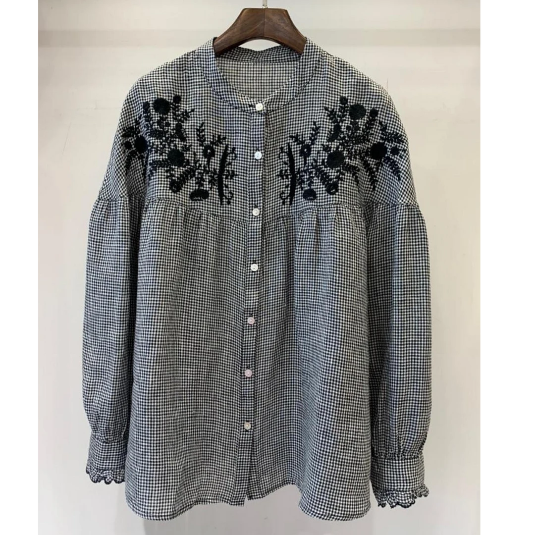 【雅致温婉】森系刺绣条纹格衬衫女全汉麻新款上衣MXQ 080 060