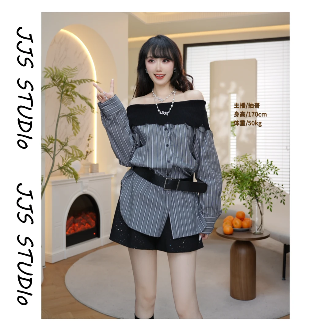 5053142『安妮心事』2025春夏小众高级时尚拼接设计感一字肩衬衫