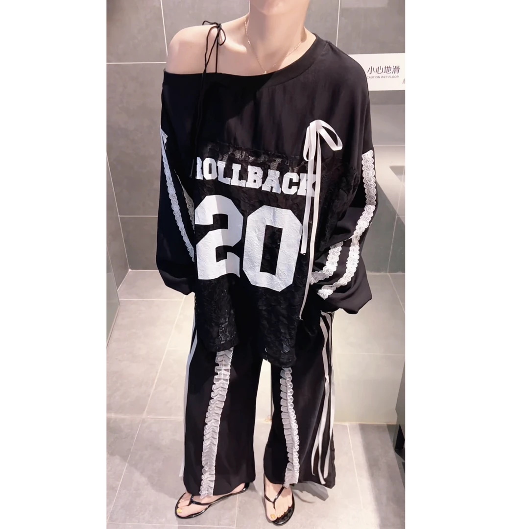 韩版百搭休闲套装女夏季新款洋气露肩透视拼接蕾丝宽松T恤阔腿裤