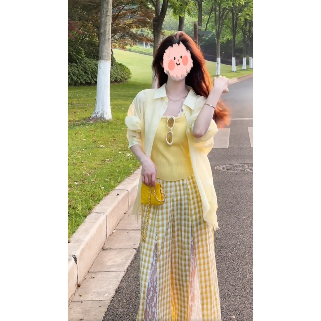 纯欲风辣妹套装女2025夏季新款防晒开衫吊带上衣高腰阔腿裤三件套