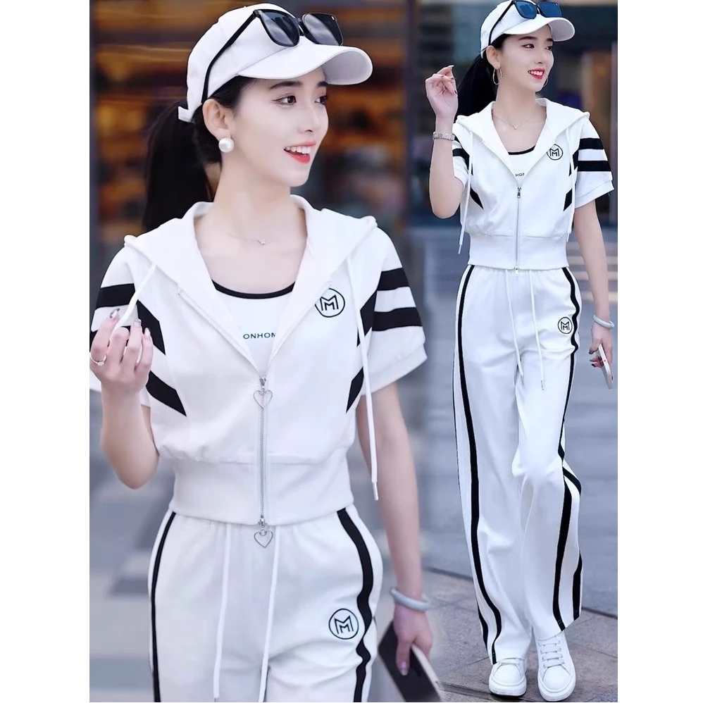休闲运动服套装女2025夏季新款时尚收腰连帽短袖卫衣阔腿裤两件套