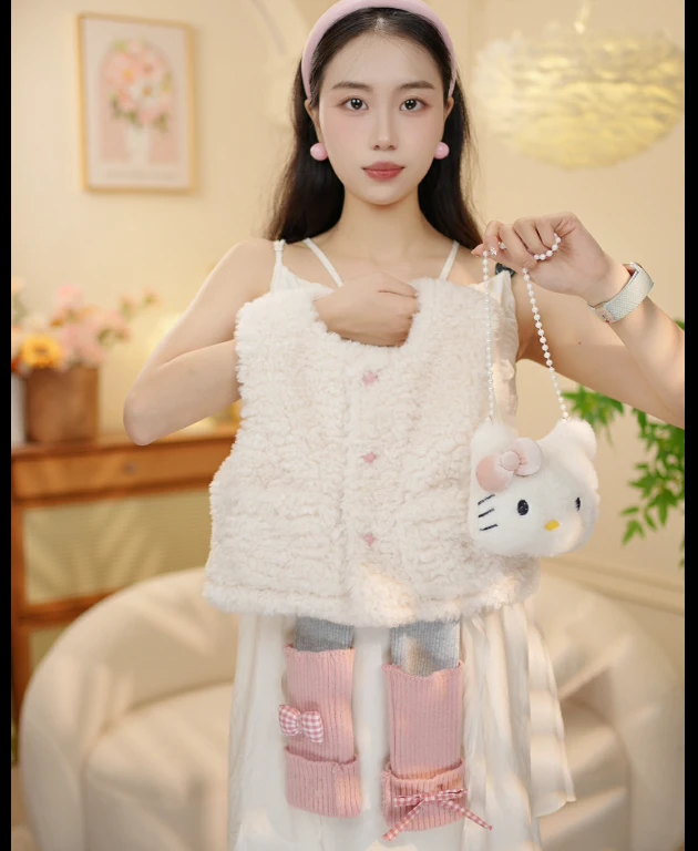 秋季新品韩版女童甜美猫咪羊羔绒马甲外套打底裤两件套XY25160