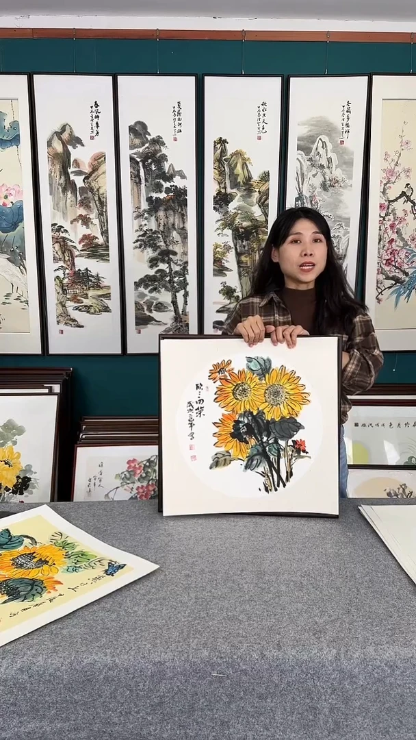 国画向日葵实木装被50*50