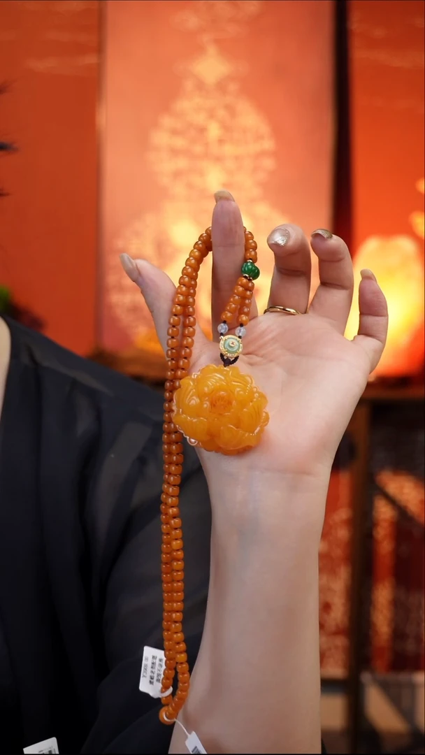 琥珀吊坠(赠链)未镶嵌天然琥珀蜜蜡牡丹花吊坠套装