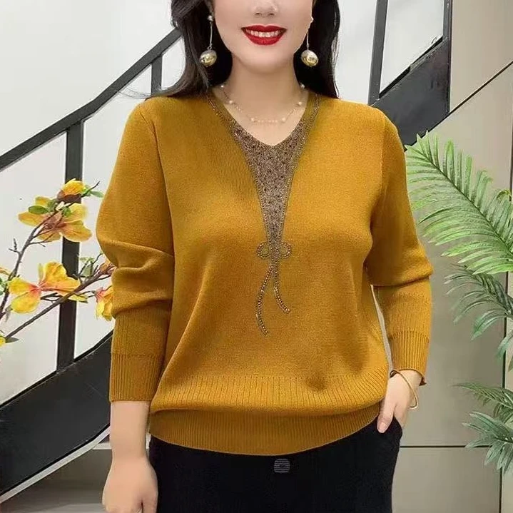 2025春秋冬薄款打底毛衣妈妈装宽松大码时尚遮肉显瘦长袖针织衫女