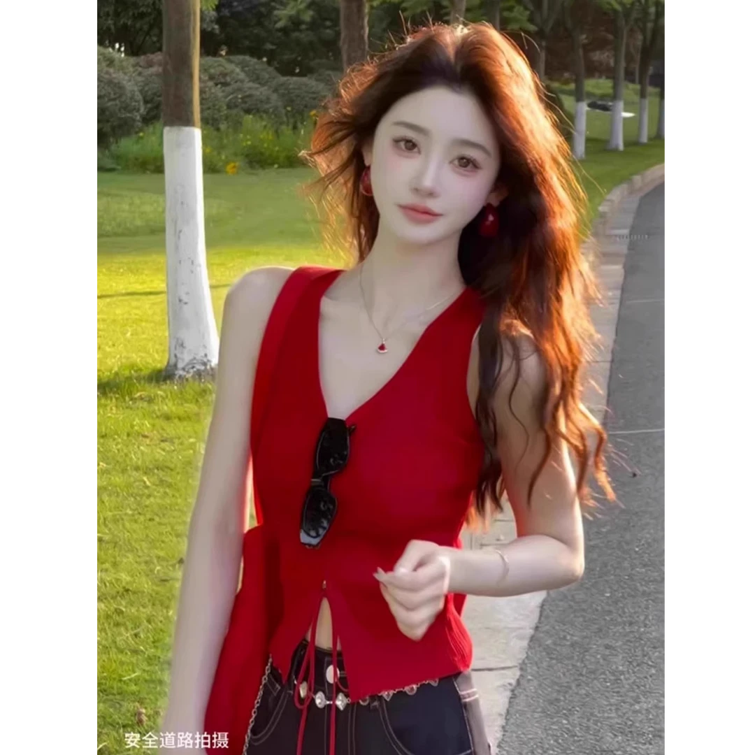 芯娇晴多巴胺红色开叉修身掐腰泰式小吊带背心女夏季短款无袖上衣